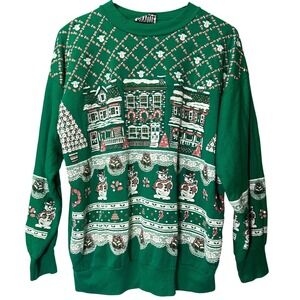 Vintage Green Ugly Christmas Sweater Snowmen Village S/M